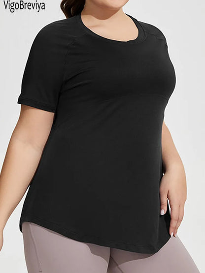 Women Solid Plus Size Yoga Top Loose Fitness Big Sports T-shirts Short Sleeve Gym Running Curvy Workout Tops