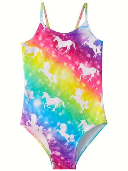 Girls Swimsuit, One-Piece All-Over Print Swimwear, Bikini Cut Bottom, Rainbow Shimmer Pattern, Beach Pool Bathing Style, Summer