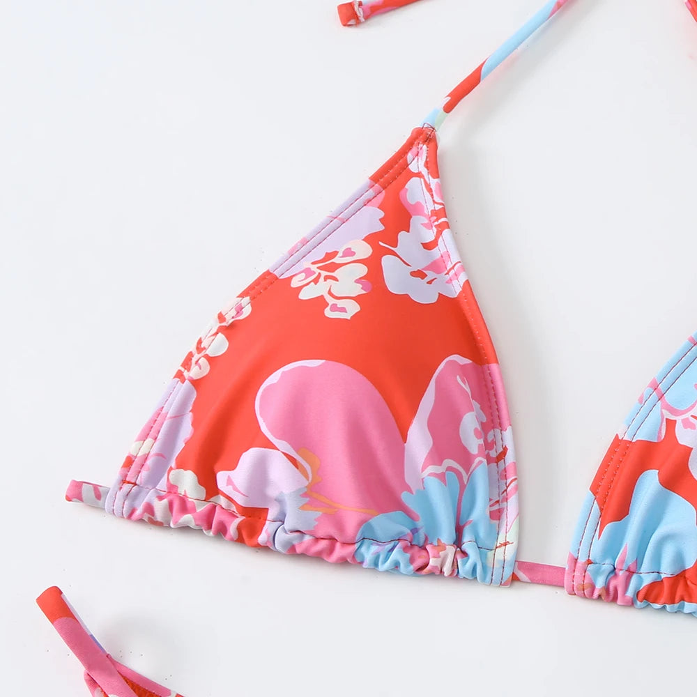 Halter Printed Bikini Women Thong Swimwear Female Triangle Swimsuit Bathers Bathing Swimming Swim Suit Beachwear Summer