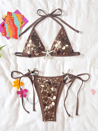 Shiny Sequin Black Micro Bikini Women Starfish Push Up Bra Holiday Swimsuit Beach Bathing Suit Tie Side Thong Swimwear