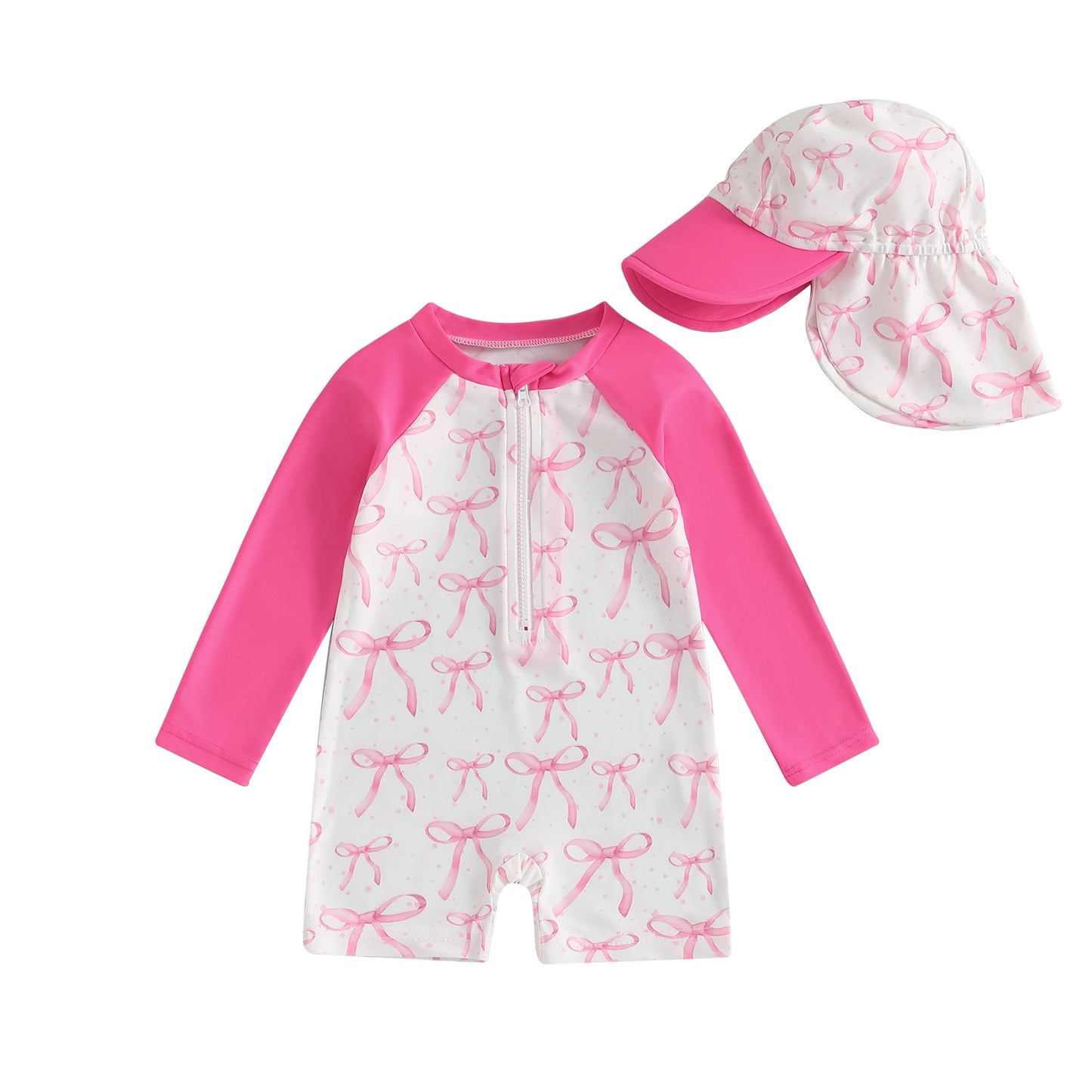 Toddler Girl Long Sleeve Swimsuit Floral/Bow/Strawberry Print Half Zipper Non-Pilling Rash Guard Swimwear Sunhat Set