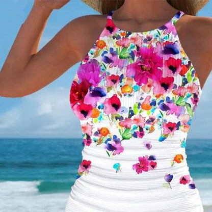 Floral Printed Tankini Bikini Set Tummy Control High Waist Bottom & Triangle Vest Top Women's Swimwear for Beach & Pool Shirts