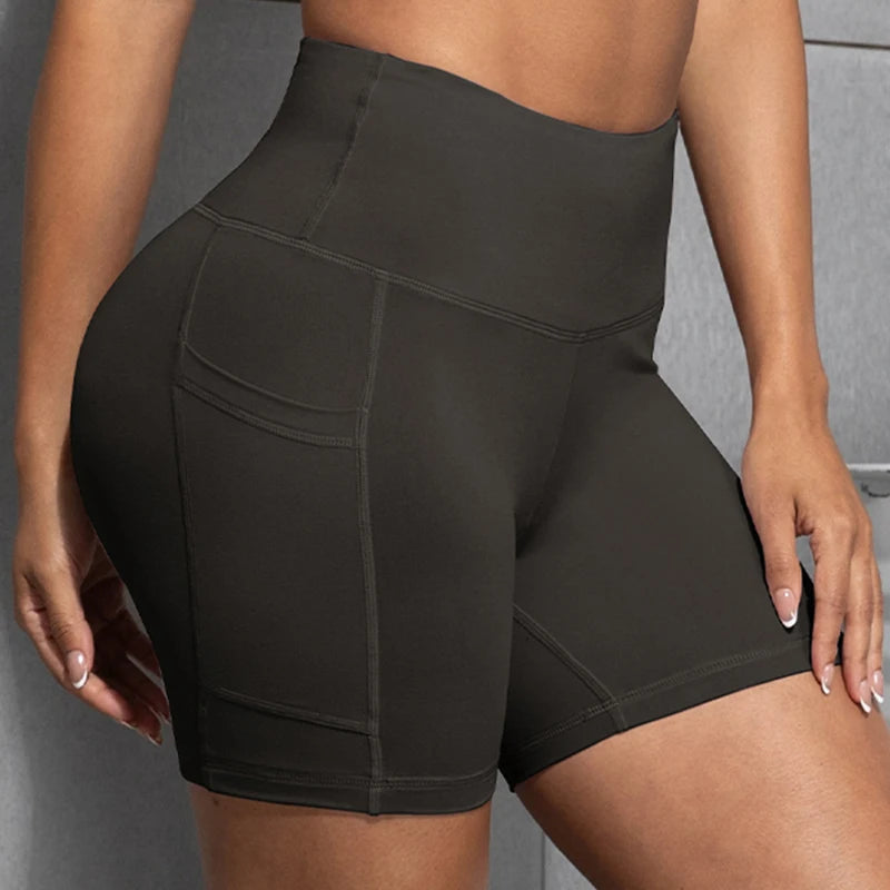 Yoga Shorts with Pockets High Waist Butt Lifting Cycling Tight Elastic Slim Running Fitness Women Shorts Sportswear
