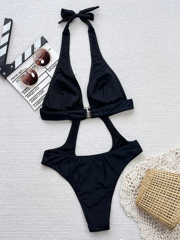 Solid Hollow Swimwear Women Halter Push Up One Piece Swimsuit Monokini Brazilian Summer Beach Bathing Suit