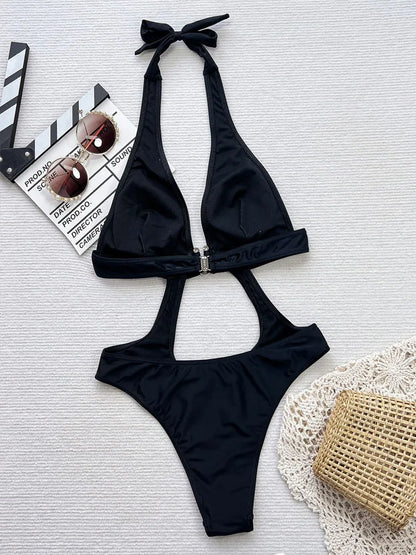 Solid Hollow Swimwear Women Halter Push Up One Piece Swimsuit Monokini Brazilian Summer Beach Bathing Suit