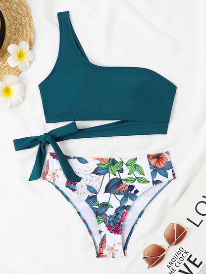 One Shoulder Bikini Set Swimsuit Women Solid Padded Swimwear Female Bathers Bathing Swimming Swim Suit Beachwear
