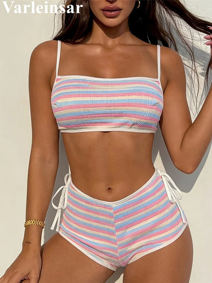 Striped Mid Waist Bikini Female Swimsuit Women Swimwear Two-pieces Bikini set Shorts Padded Bather Bathing Suit Swim