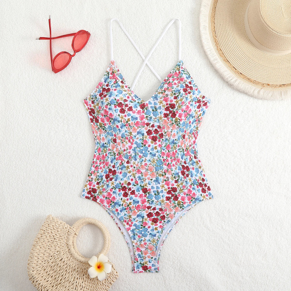 V-neck Strappy Swimsuit Women One Piece Printed Back Cross Swimwear Female Bathers Bathing Swimming Swim Suit Beachwear