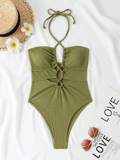 Halter Swimsuit One Piece Solid Hollow Swimwear Women Bathers Bathing Swimming Swim Suit Female Beachwear Bodysuit