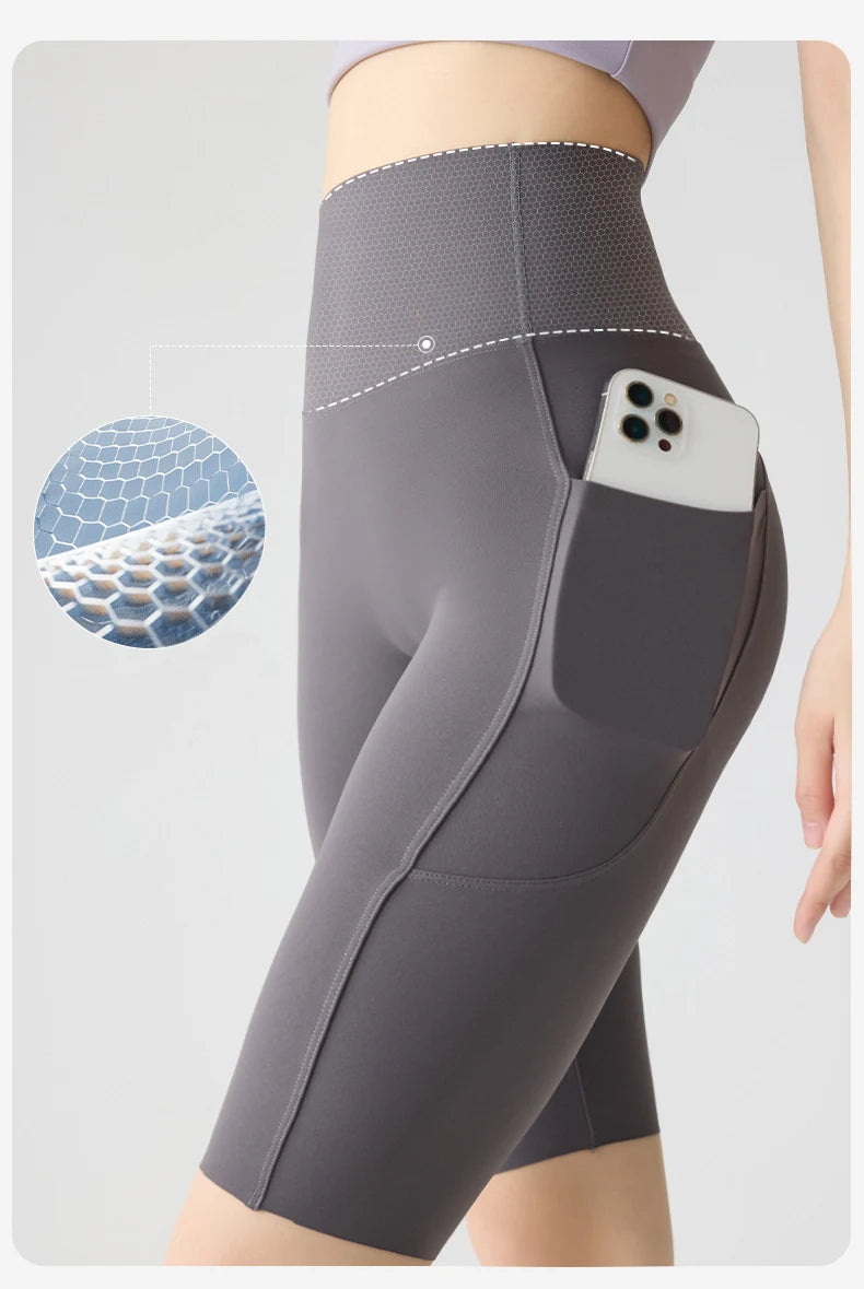 Pocket Yoga Sharkskin Bicycle Shorts Women Thin High Waist Push Up Light Feeling Sports  Fitness Cycling Shorts