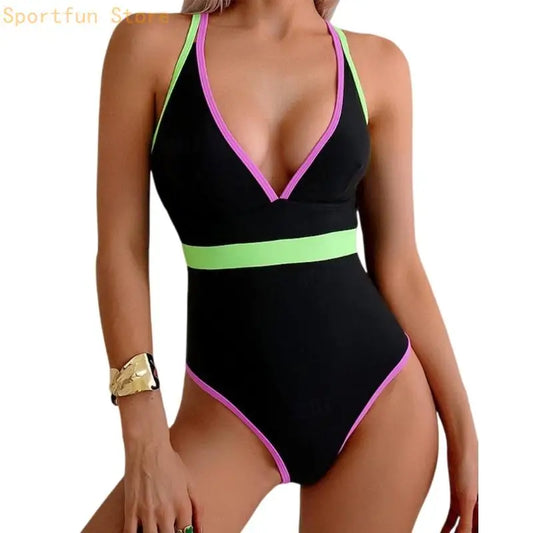Womens 1 Pc Swimsuit Deep V-Neck Bathing Suit Push Up Swimming Suit Ladies Contrast Color Swimwear for Beachwear