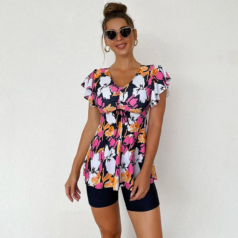 Print Flower Large Flat Angle Swimsuit Conservative Tankini Women Two Pieces Swimwear Female Swimming Bikini Set Bathers