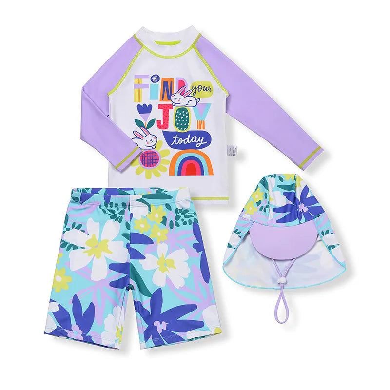 3 Pcs New Boy Swimsuit Sun Protection UPF 50+ Long Sleeve Swimming Sunsuit With Hat Split Quick Drying Bathing Suits Children