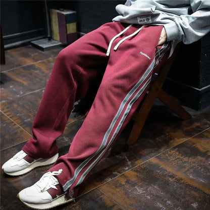 Men Straight Stripes Sweatpants Korean Spring Autumn Male Elastic Waist Zipper Pockets Loose Sports Casual Trousers