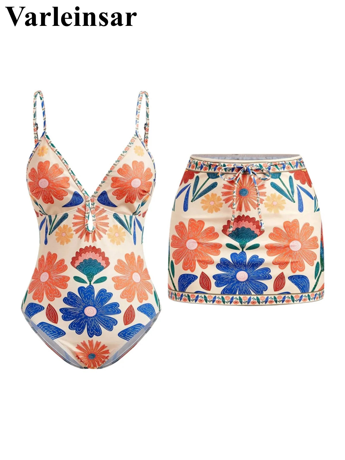 S - XL New Floral Printed With Skirt Women Swimwear One Piece Swimsuit Female V Neck High Leg Cut Bather Bathing Suit Swim V8041