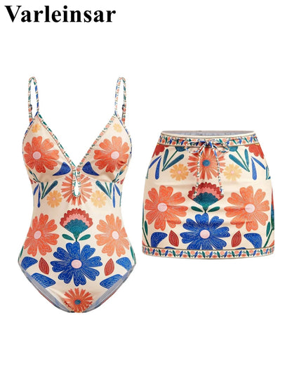 S - XL New Floral Printed With Skirt Women Swimwear One Piece Swimsuit Female V Neck High Leg Cut Bather Bathing Suit Swim V8041