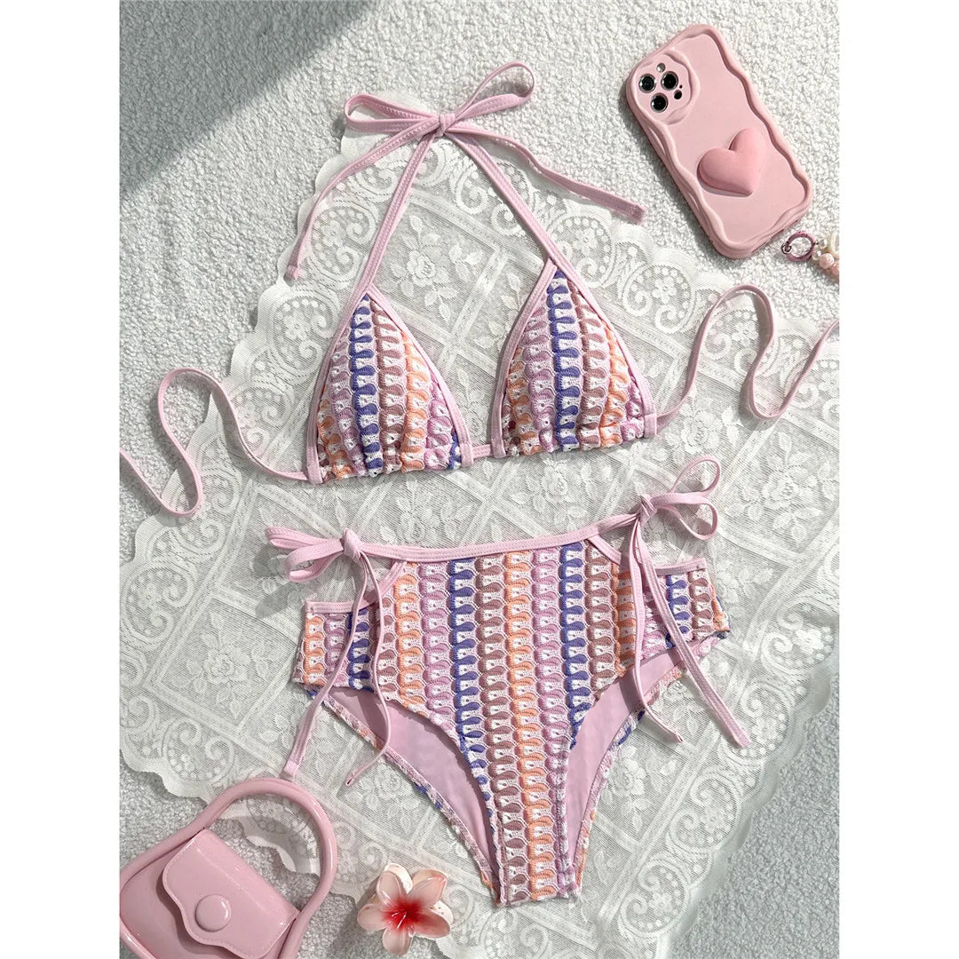Colorful Cut Out Halter Bikini Female Swimsuit Women Swimwear Two-pieces Bikini set Mid Waist Bather Bathing Suit Swim