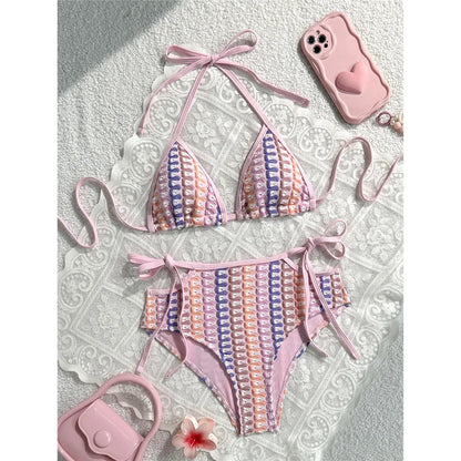 Colorful Cut Out Halter Bikini Female Swimsuit Women Swimwear Two-pieces Bikini set Mid Waist Bather Bathing Suit Swim