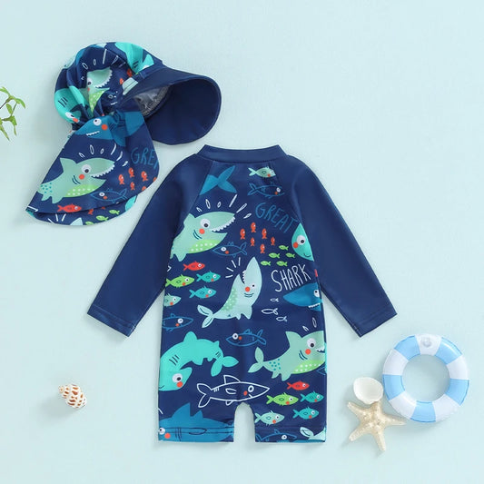 Toddler Boy Rash Guard Swimsuit with Hat 2 Pcs Set Fish Shark Pattern Zip Up Long Sleeve Crew Neck Baby Boy Swimwear