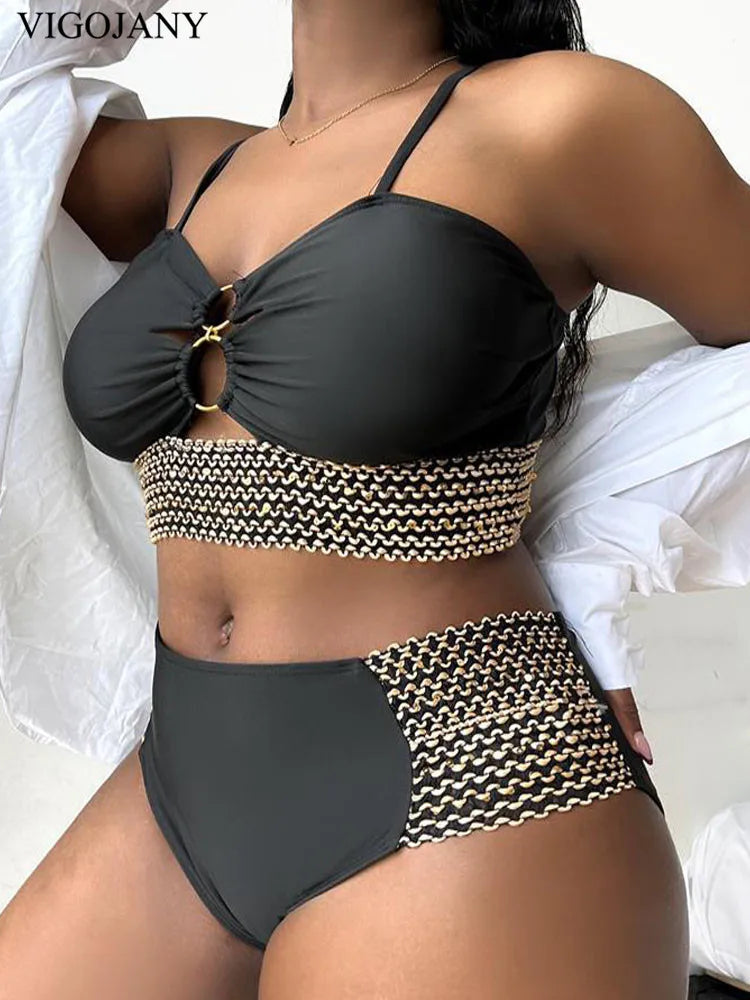Patchwork Hollow Two Piece Plus Size Bikini Women Strapped High Waist Swimsuit Brazilian Beach Lady Bathing Suit