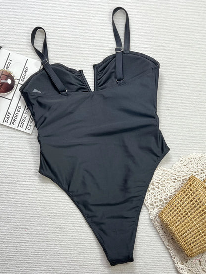 Solid Hollow Swimwear Women V Neck Strapped One Piece Swimsuit Monokini Brazilian Summer Beach Bathing Suit