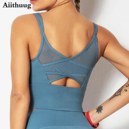 Mesh Breathable Yoga Bra Pilates Crop Bra Yoga Crops Gym Crop Fitness Top Quick Dry Spaghetti Strap Sports Bra