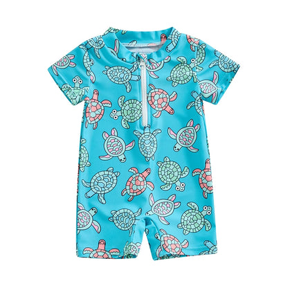 FOCUSNORM 2 Colors Summer Baby Boys Beachwear 0-3Y Short Sleeve Turtle Dolphin Print Swimsuit Jumpsuit Summer Swimwear