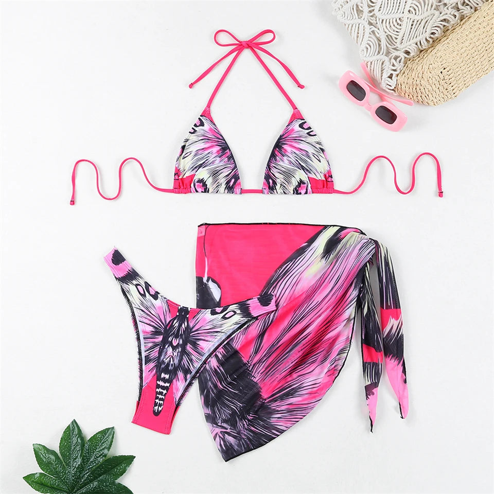 3 Pieces Bikini With Beach Skirt Butterfly Print String Bathing Suit Women Swimwear Female Swimming Swimsuit