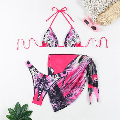 3 Pieces Bikini With Beach Skirt Butterfly Print String Bathing Suit Women Swimwear Female Swimming Swimsuit