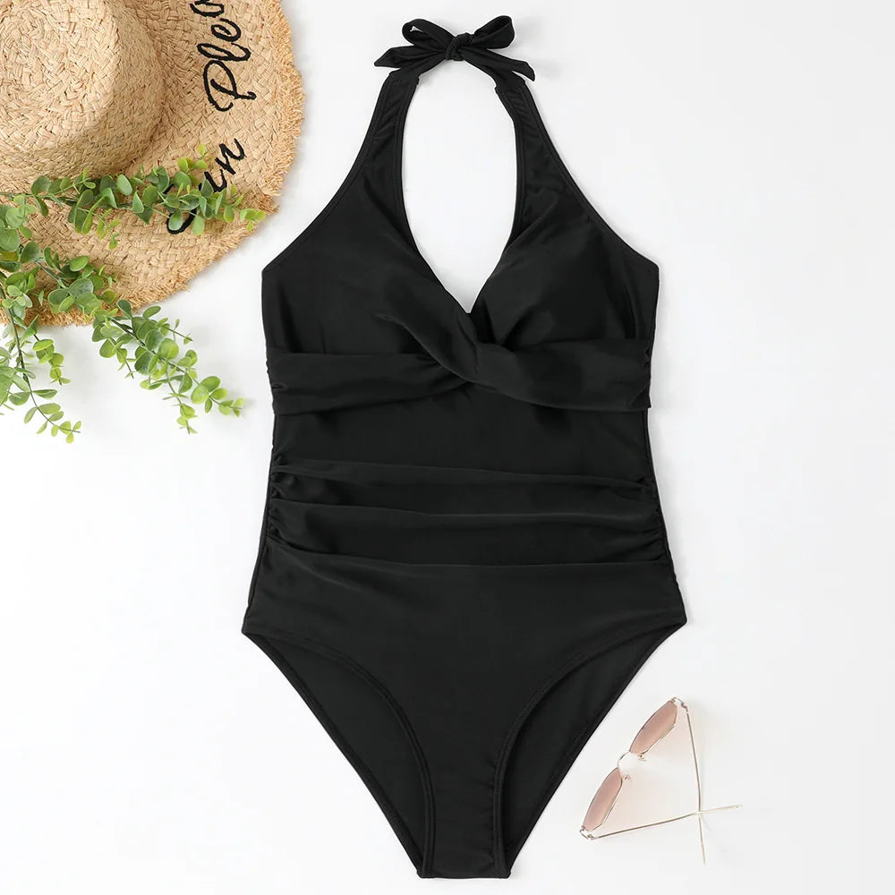 S - XXL Wrinkled Halter V Neck One Piece Swimsuit Women Swimwear Female Monokini Backless Bathing Suit Swim Beachwear Bodysuit