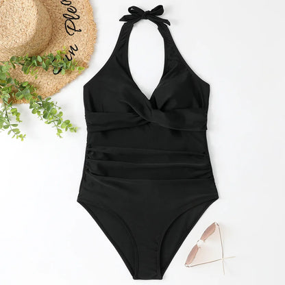S - XXL Wrinkled Halter V Neck One Piece Swimsuit Women Swimwear Female Monokini Backless Bathing Suit Swim Beachwear Bodysuit