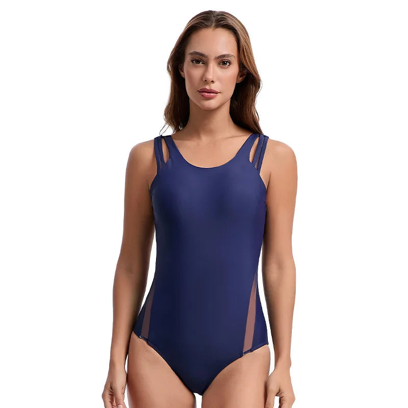 Women's One Piece Swimsuit Tummy Control Ruched Bathing Suit Solid Modest Sports Swimwear Mesh Beach Wear