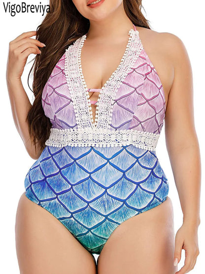 Print Halter Plus Size Swimwear Women Push Up Curvy One Piece Swimsuit Bathers Lady Large Bathing Suit