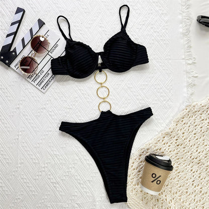 Metal Rings Wrinkled Underwired One Piece Swimsuit Women Swimwear Female Monokini High Cut Leg Bather Bathing Suit Swim