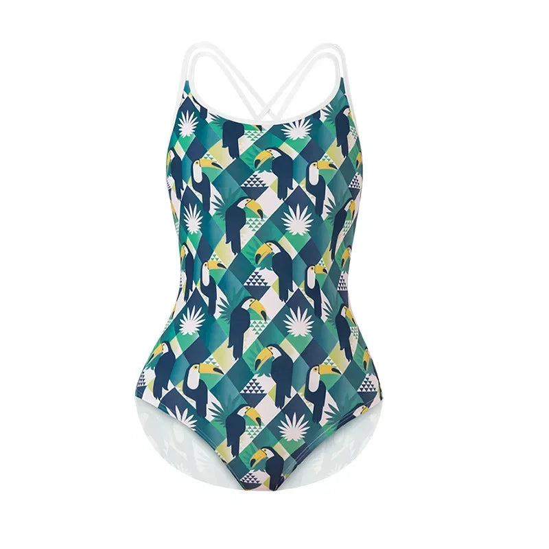 Women Flower Printed One-piece Racing Competition Swimsuit Fashion Sun Protection High Stretch Training Professional Swimwear