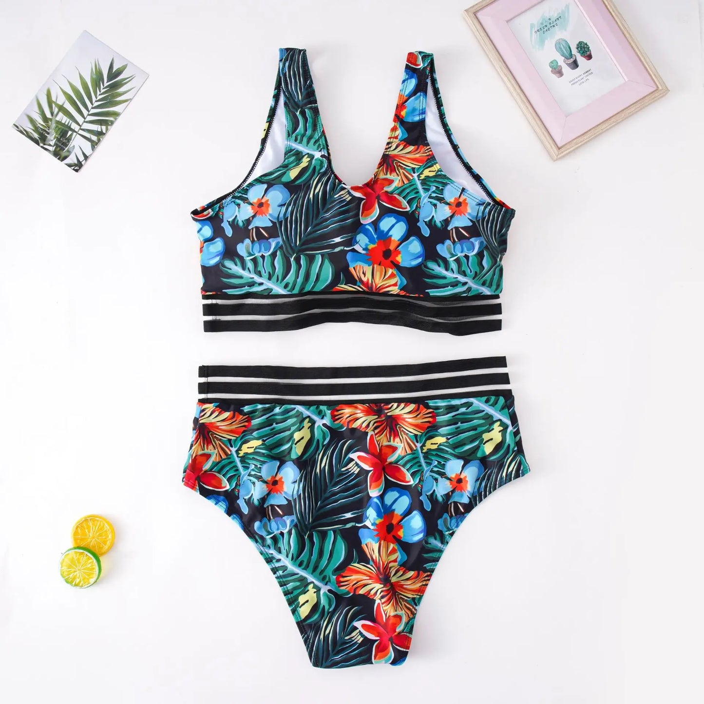 Large Floral Print Swimwear Women Plus Size V Neck Separate Swimsuit 2 Piece High Waist Bikini Set Bathing Suit