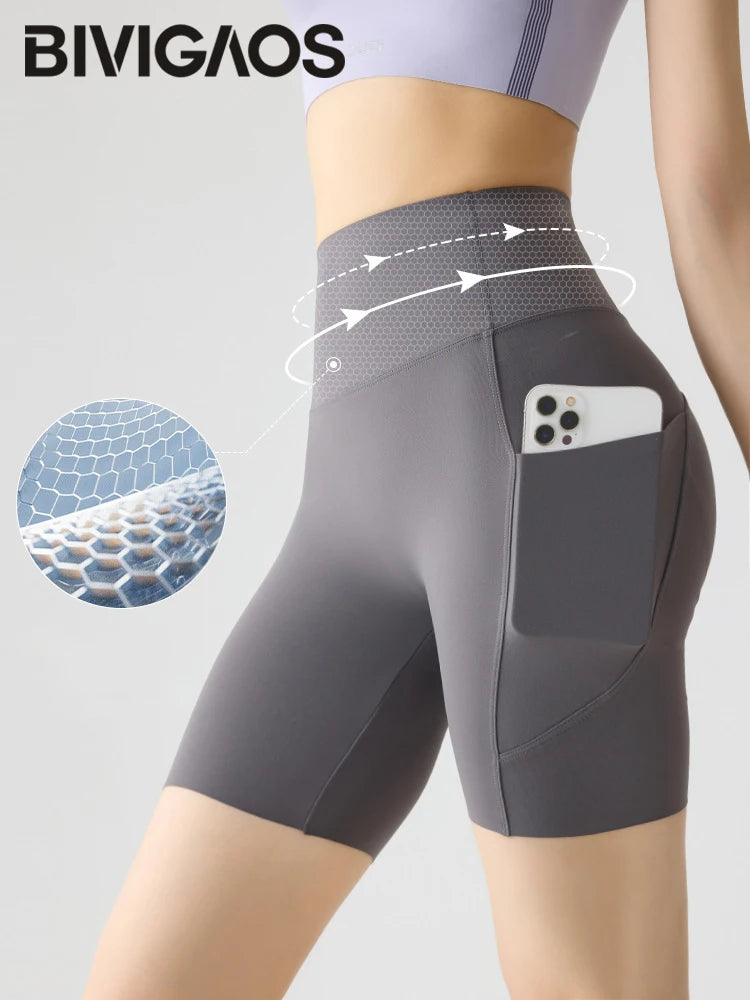 Summer Pocket High Waist Sharkskin Shorts Women Tight Butt Lifter Light Feeling Sport Fitness Yoga Bicycle Shorts