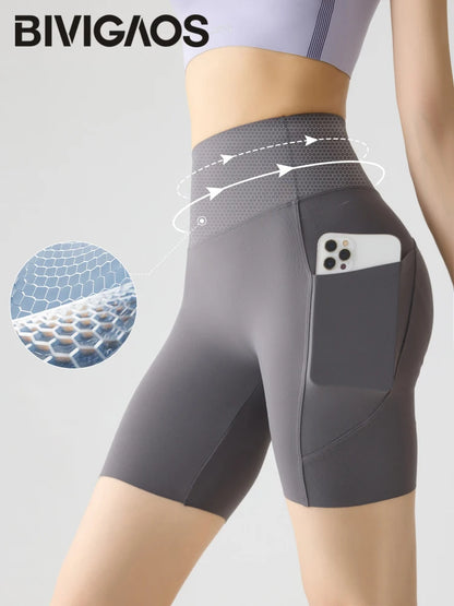 Summer Pocket High Waist Sharkskin Shorts Women Tight Butt Lifter Light Feeling Sport Fitness Yoga Bicycle Shorts