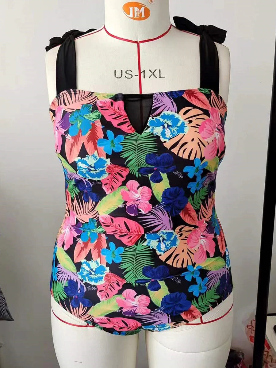Large Plus Size One Piece Swimsuit Women Strappy Print Floral Swimwear Female Bathers Bathing Swimming Swim Suit Beachwear