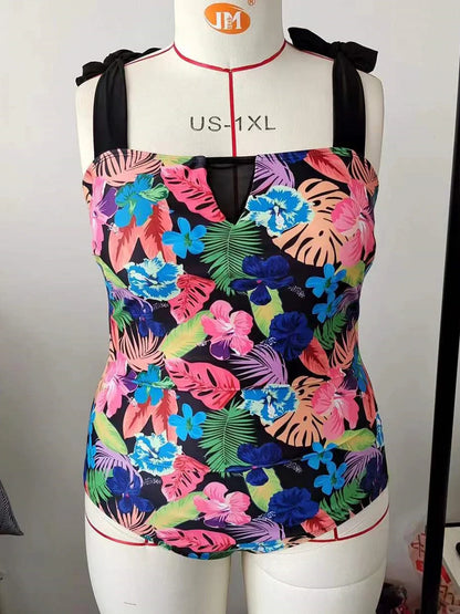 Large Plus Size One Piece Swimsuit Women Strappy Print Floral Swimwear Female Bathers Bathing Swimming Swim Suit Beachwear