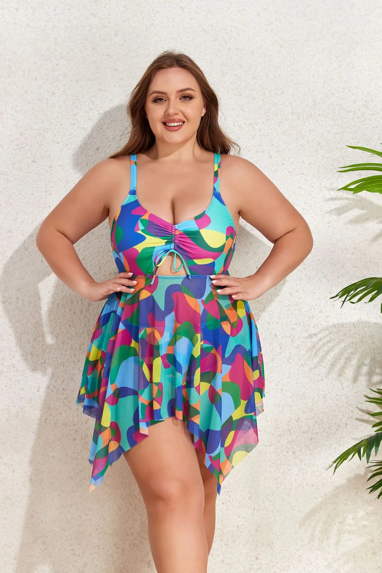 Color Print Strapped 2 Piece Plus Size Tankini Set Women Large High Waist Big Swimsuit Brazilian Lady Curvy Bathing Suit