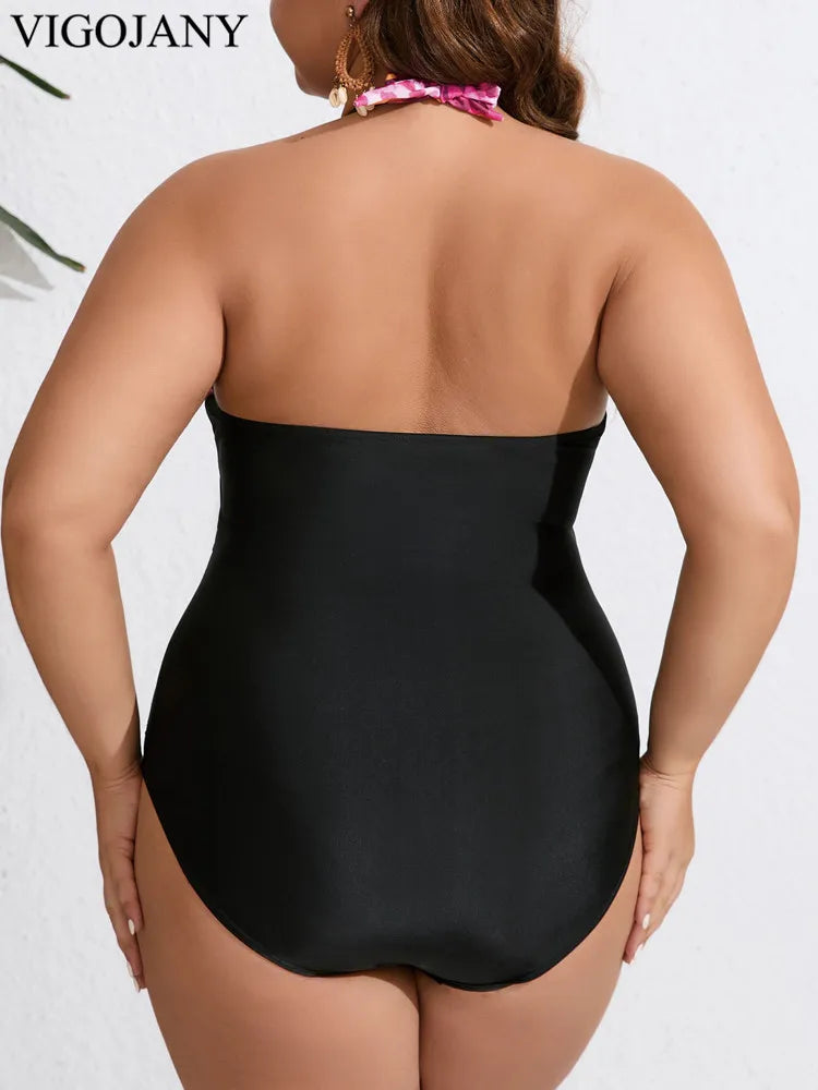 Patchwork Plus Size Swimwear Women Halter Large Curvy One Piece Swimsuit Lady Big Bathing Suit