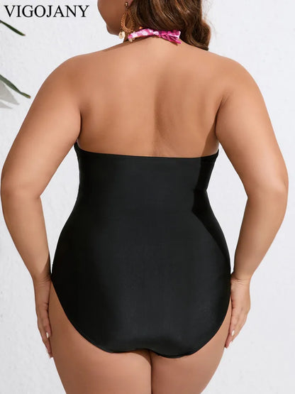 Patchwork Plus Size Swimwear Women Halter Large Curvy One Piece Swimsuit Lady Big Bathing Suit