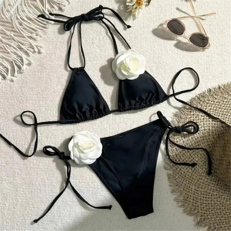 Flower Bandeau Swimwear Thong Bikini Women Lace-up Swimsuits Swimming Bathing Suit Brazilian Bikinis Set Mujer Biquini