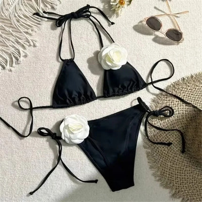 Flower Bandeau Swimwear Thong Bikini Women Lace-up Swimsuits Swimming Bathing Suit Brazilian Bikinis Set Mujer Biquini