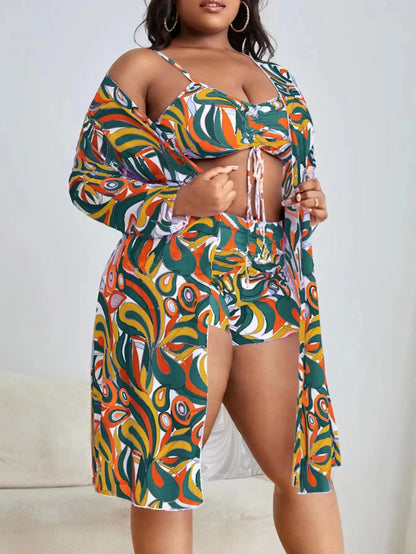 3 Pieces Large Size Bikini Printed Swimsuit Women & Kimono Drawstring Front Swimwear Female Bathing Swimming Suit Beachwear