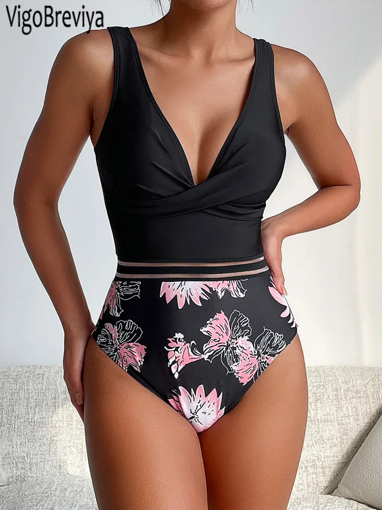 Floral Print Patchwork Swimwear Women Cross Push UP One Piece Swimsuit Monokini Backless Summer Bathing Suit