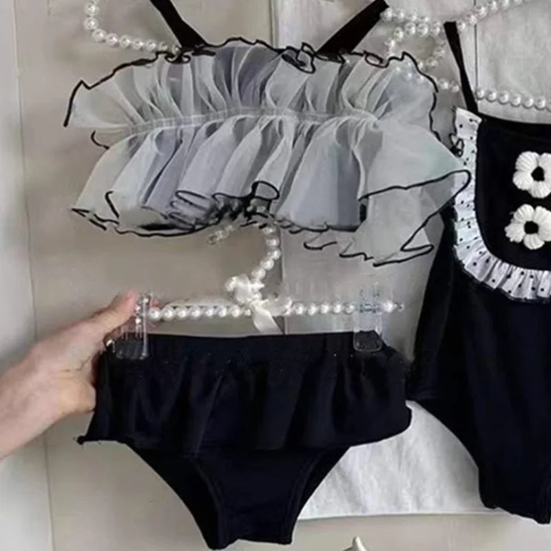 Korean Style Summer Black Kids Girls Fashion Swimsuit Baby Children's Swimwear Bathing Suits Beach Swimming Clothing