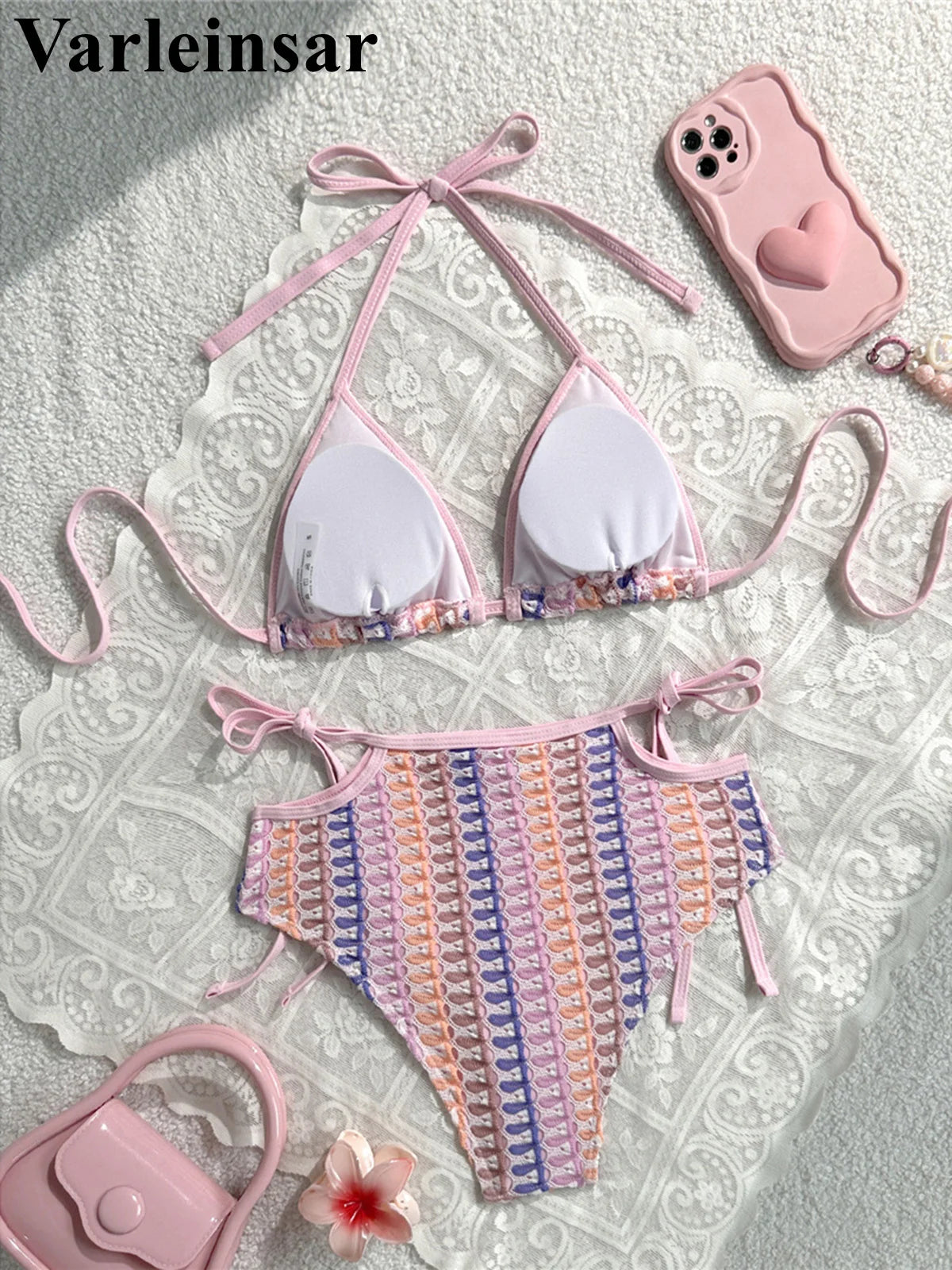 Colorful Cut Out Halter Bikini Female Swimsuit Women Swimwear Two-pieces Bikini set Mid Waist Bather Bathing Suit Swim