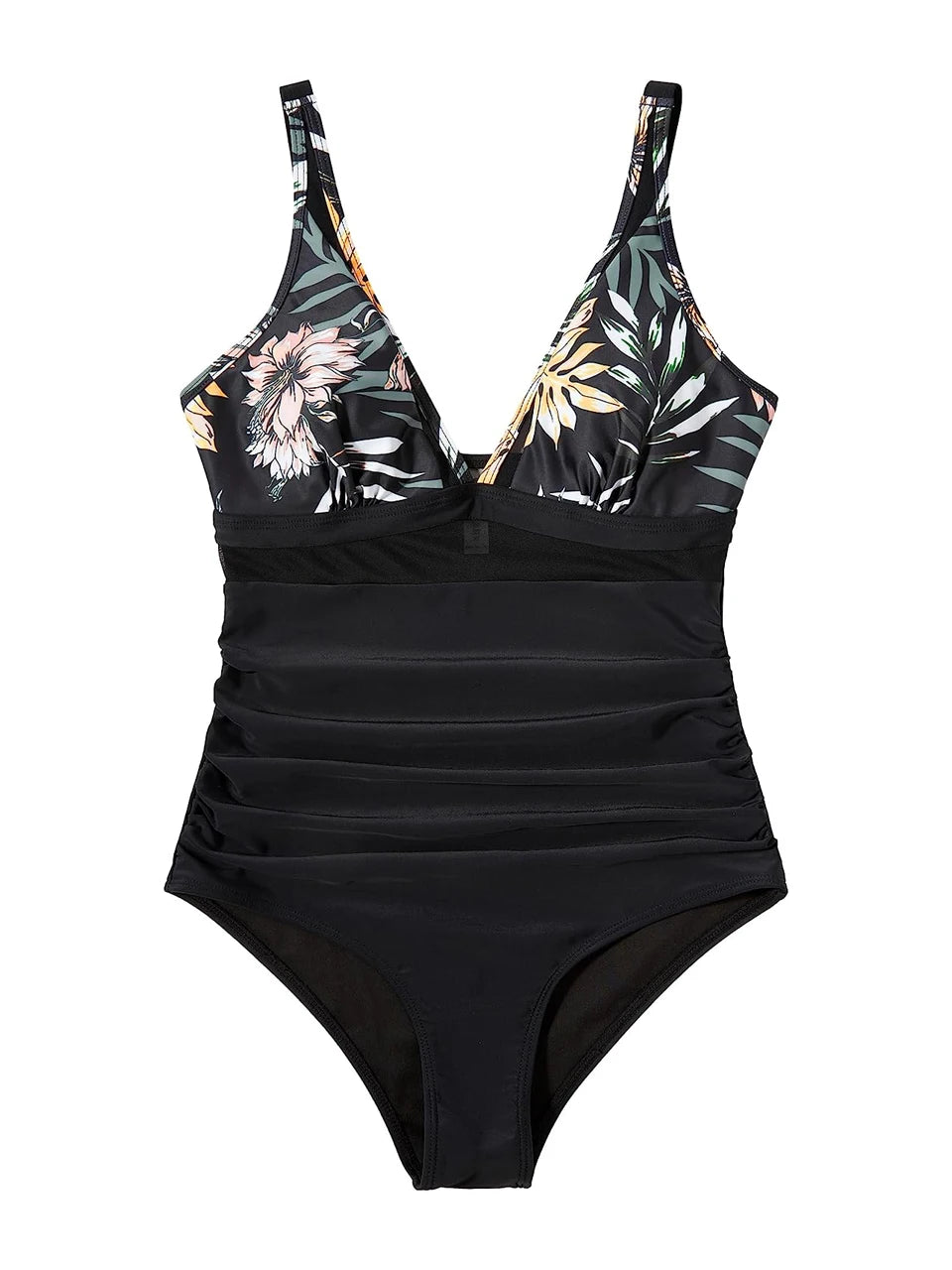 Mesh Panel Swimsuit One Piece High Cut Swimwear Women Solid Bathers Bathing Suit Female Backless Swimming Beachwear